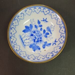 Vintage Stanley Hong Kong Brass Encased Porcelain Dish Blue White Chinoiserie
